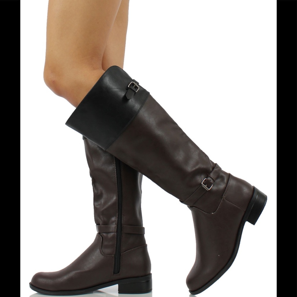 Brown two tone knee high riding heel low heel boot - Picture 5 of 5